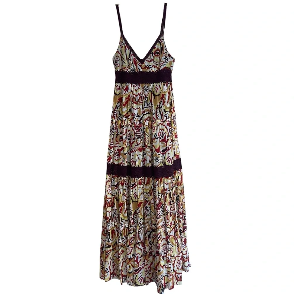 BCBGMaxAzria Burgundy Floral Print Lace Trim Maxi Dress Sz 6 - Picture 2 of 14